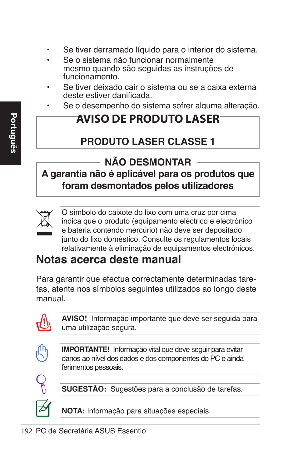 Notas acerca deste manual, Aviso de produto laser, Produto laser classe 1 | Asus CG5290 User Manual | Page 192 / 262