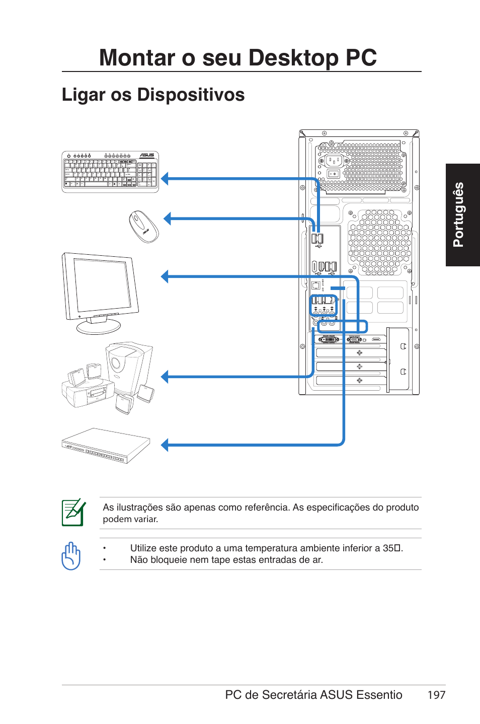 Montar o seu desktop pc, Ligar os dispositivos, Português | Pc de secretária asus essentio 197 | Asus CG5290 User Manual | Page 197 / 262