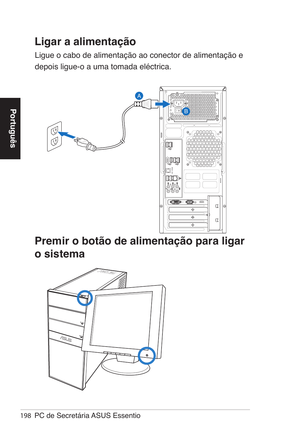 Ligar a alimentação, Português | Asus CG5290 User Manual | Page 198 / 262