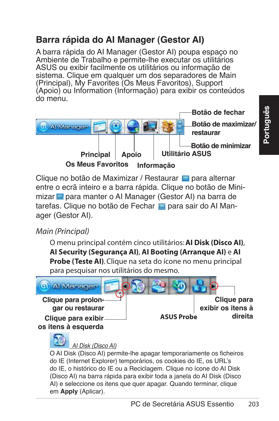 Barra rápida do ai manager (gestor ai), Main (principal) | Asus CG5290 User Manual | Page 203 / 262