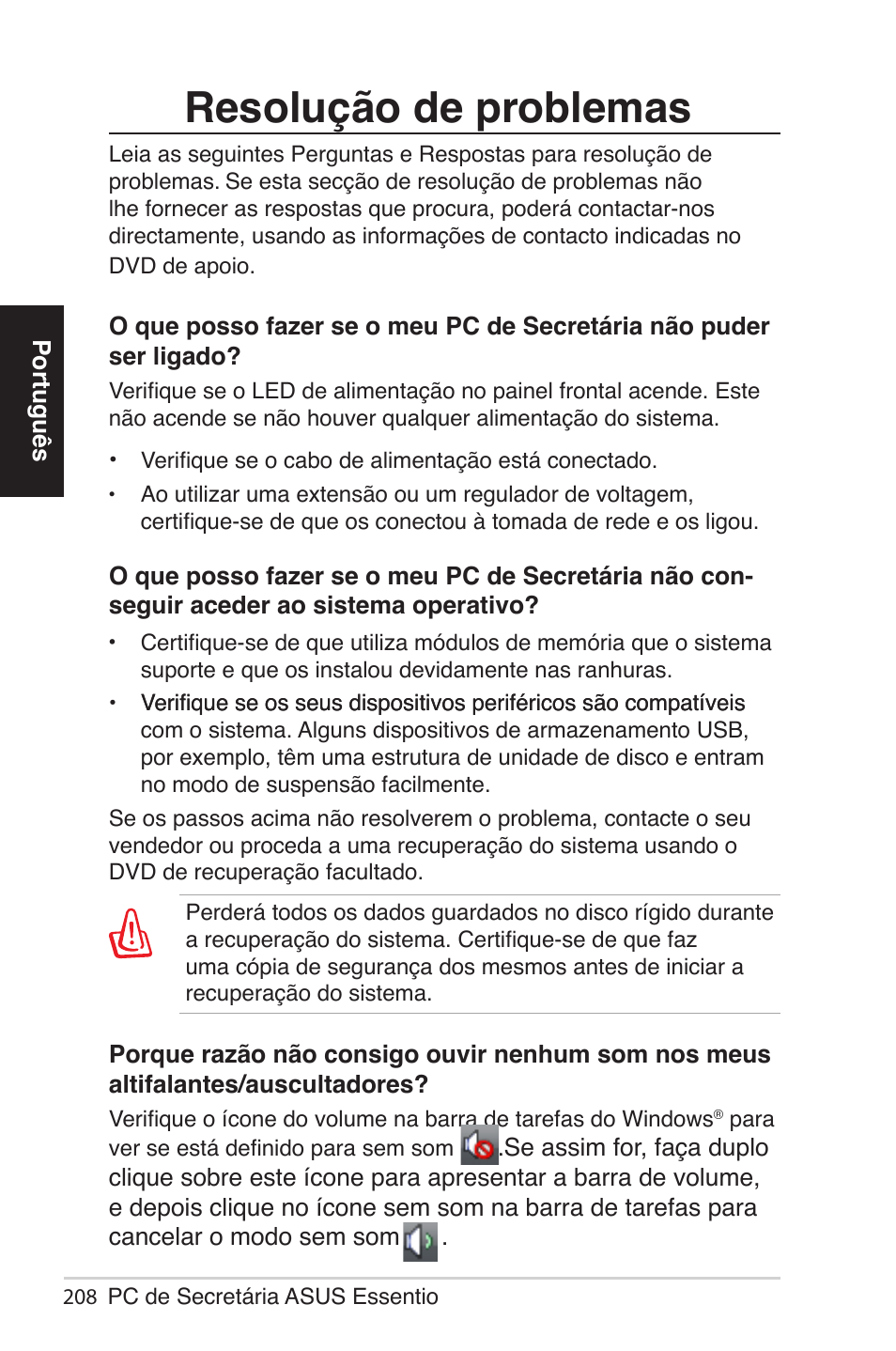 Resolução de problemas | Asus CG5290 User Manual | Page 208 / 262