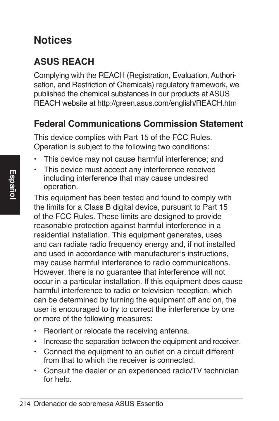 Notices, Asus reach, Federal communications commission statement | Asus CG5290 User Manual | Page 214 / 262