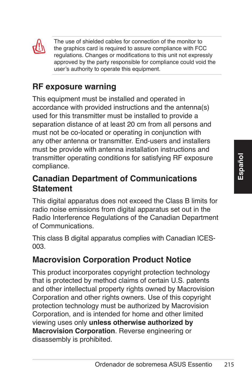 Canadian department of communications statement, Macrovision corporation product notice, Rf exposure warning | Asus CG5290 User Manual | Page 215 / 262