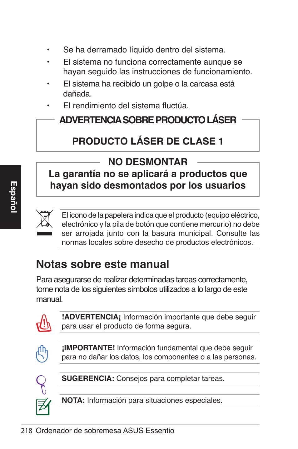 Notas sobre este manual | Asus CG5290 User Manual | Page 218 / 262