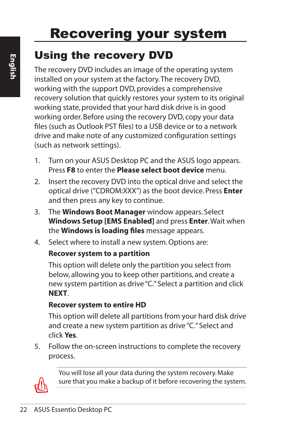 Recovering your system, Using the recovery dvd | Asus CG5290 User Manual | Page 22 / 262