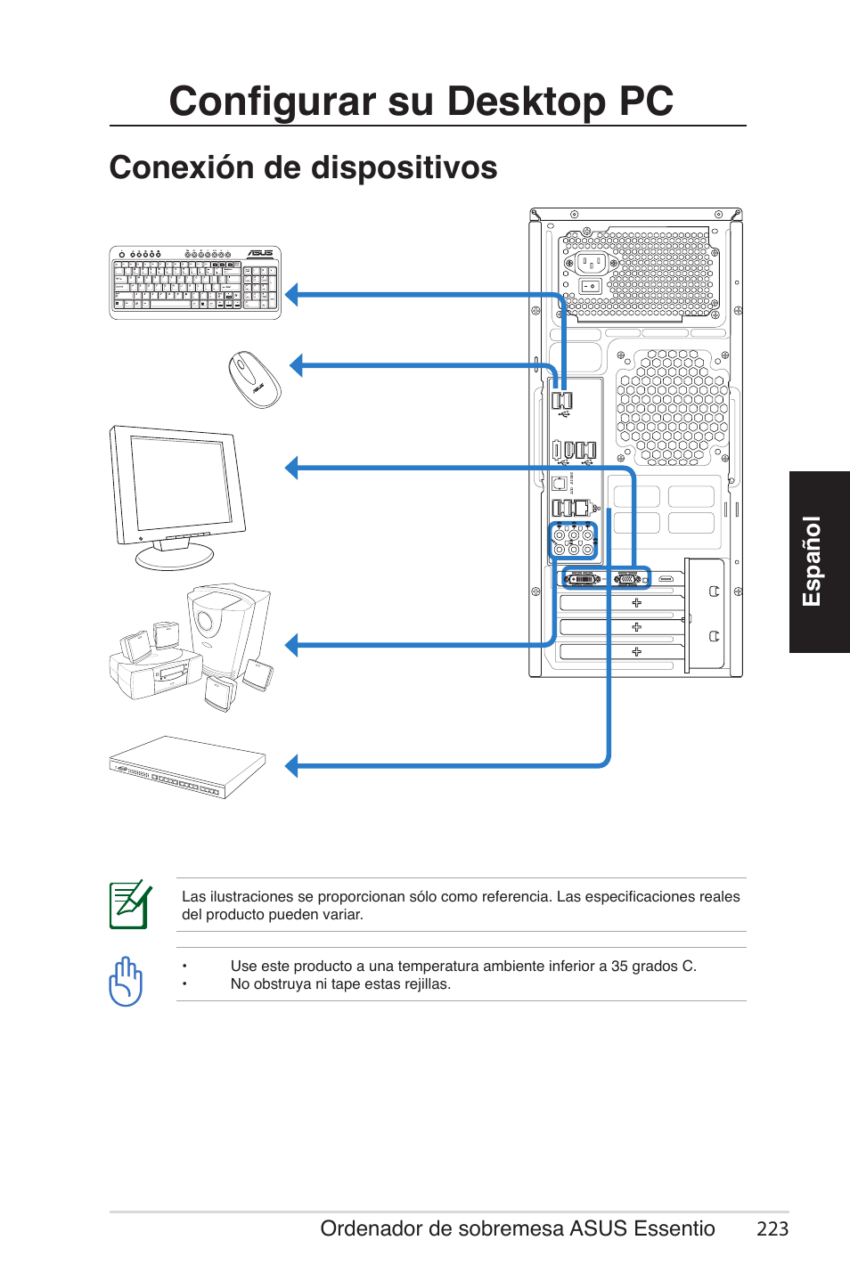 Configurar su desktop pc, Conexión de dispositivos, Español | Ordenador de sobremesa asus essentio 22 | Asus CG5290 User Manual | Page 223 / 262