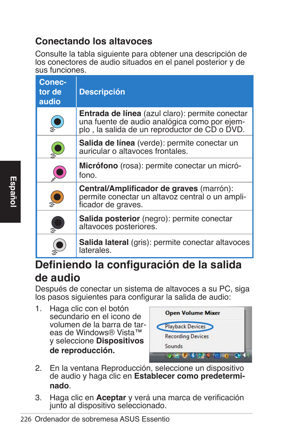 Definiendo la configuración de la salida de audio, Conectando los altavoces | Asus CG5290 User Manual | Page 226 / 262