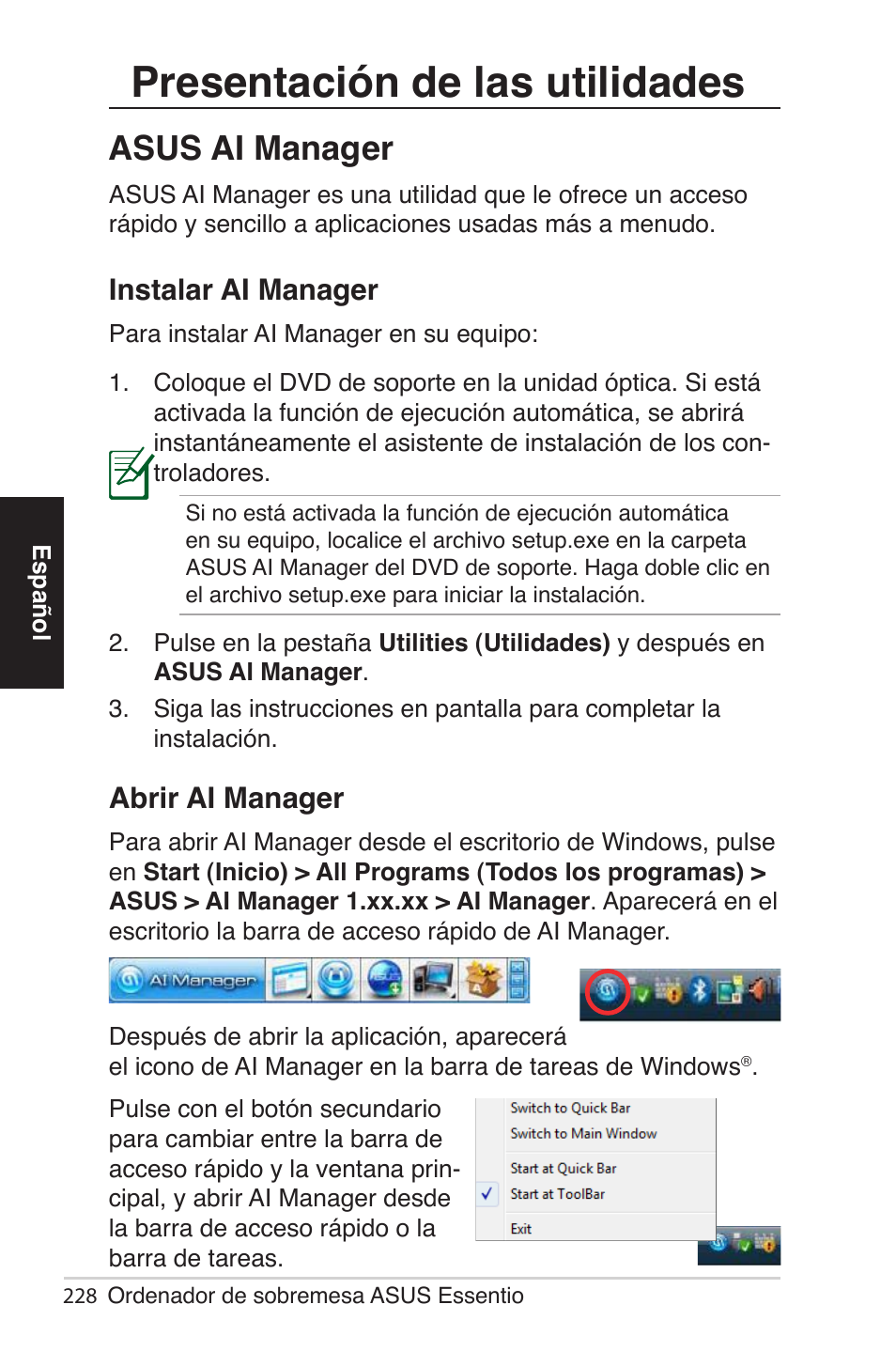 Presentación de las utilidades, Asus ai manager, Instalar ai manager | Abrir ai manager | Asus CG5290 User Manual | Page 228 / 262