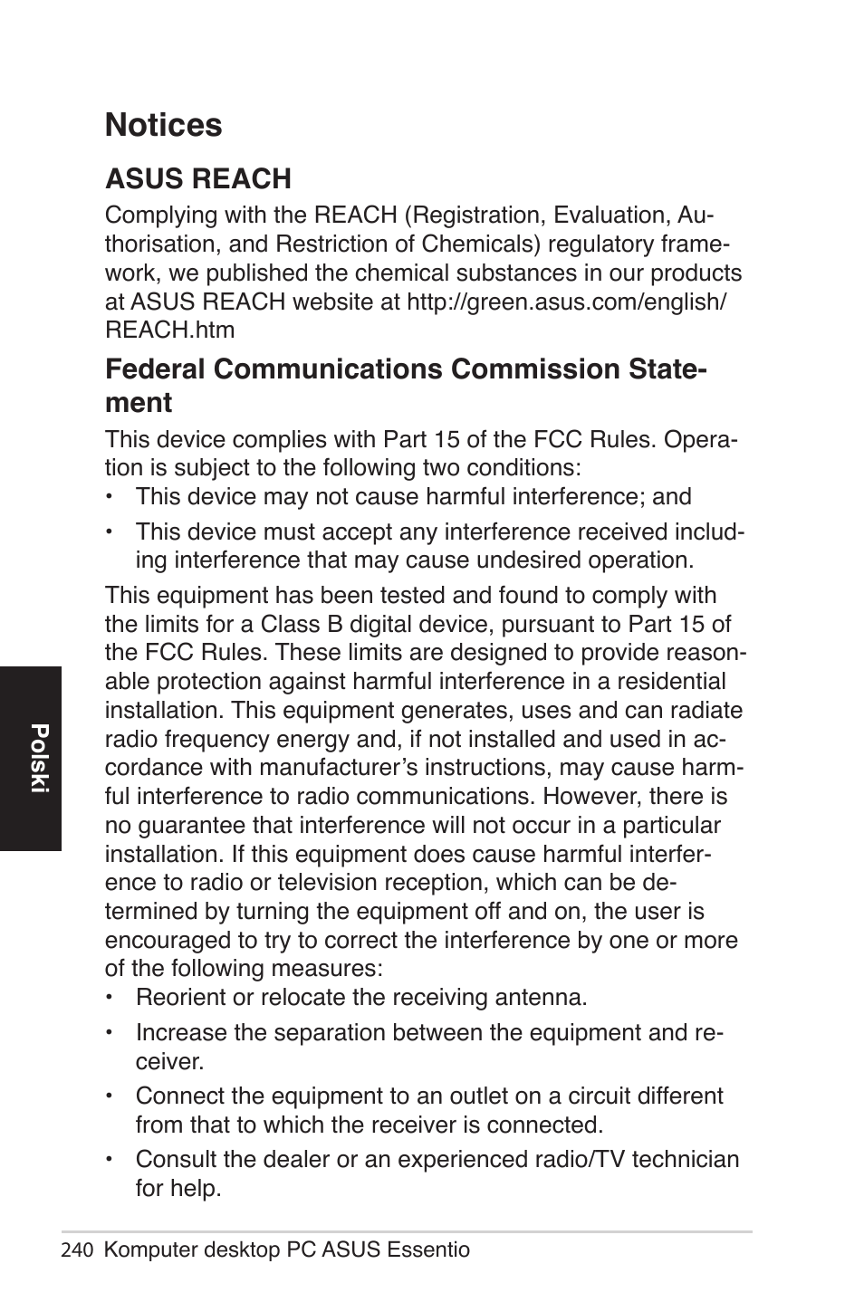 Notices, Asus reach, Federal communications commission state- ment | Asus CG5290 User Manual | Page 240 / 262