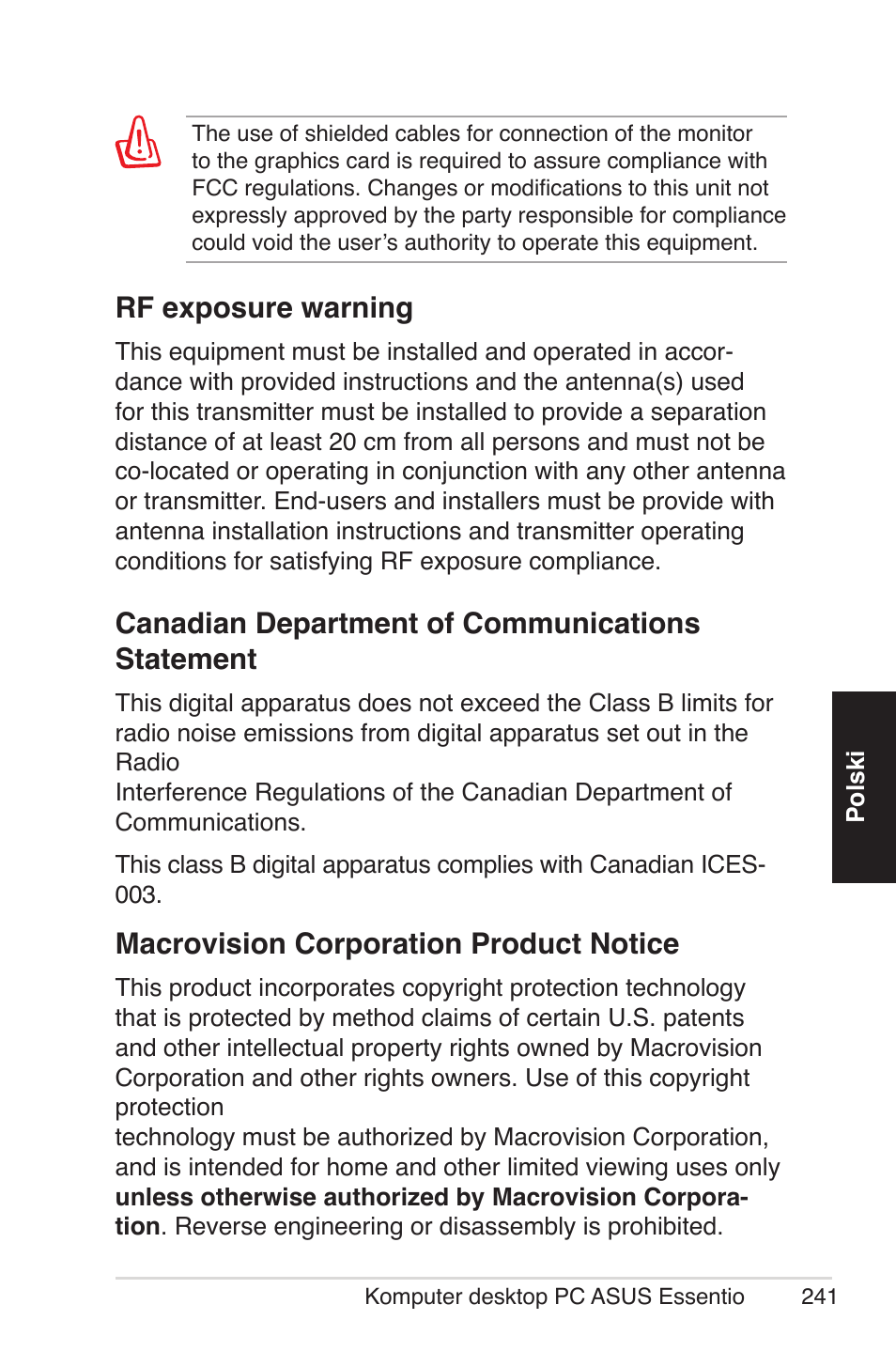 Canadian department of communications statement, Macrovision corporation product notice, Rf exposure warning | Asus CG5290 User Manual | Page 241 / 262