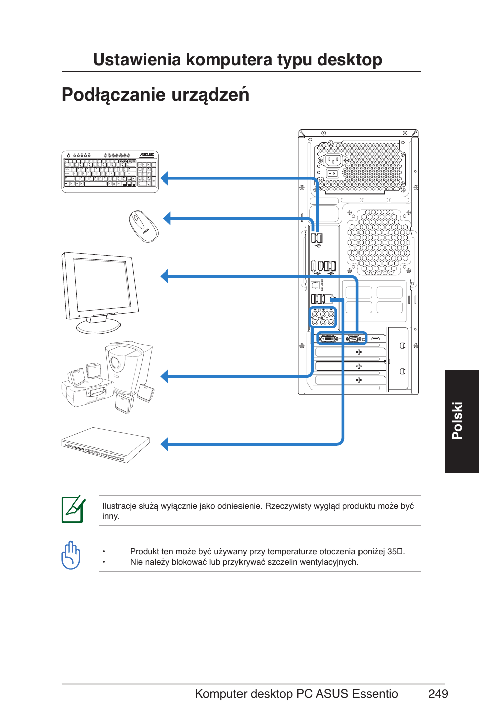 Ustawienia komputera typu desktop, Podłączanie urządzeń, Polski | Komputer desktop pc asus essentio 249 | Asus CG5290 User Manual | Page 249 / 262