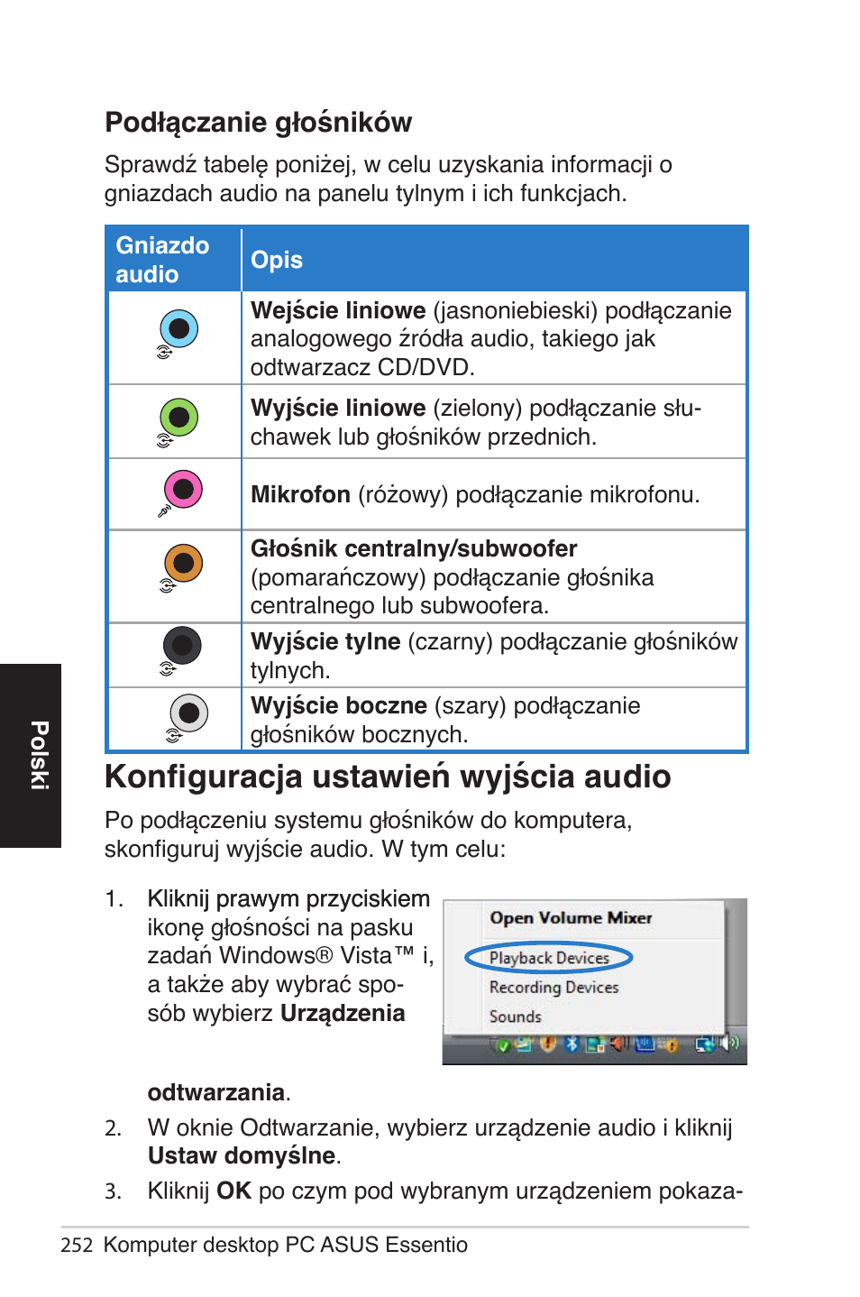 Konfiguracja ustawień wyjścia audio, Podłączanie głośników | Asus CG5290 User Manual | Page 252 / 262