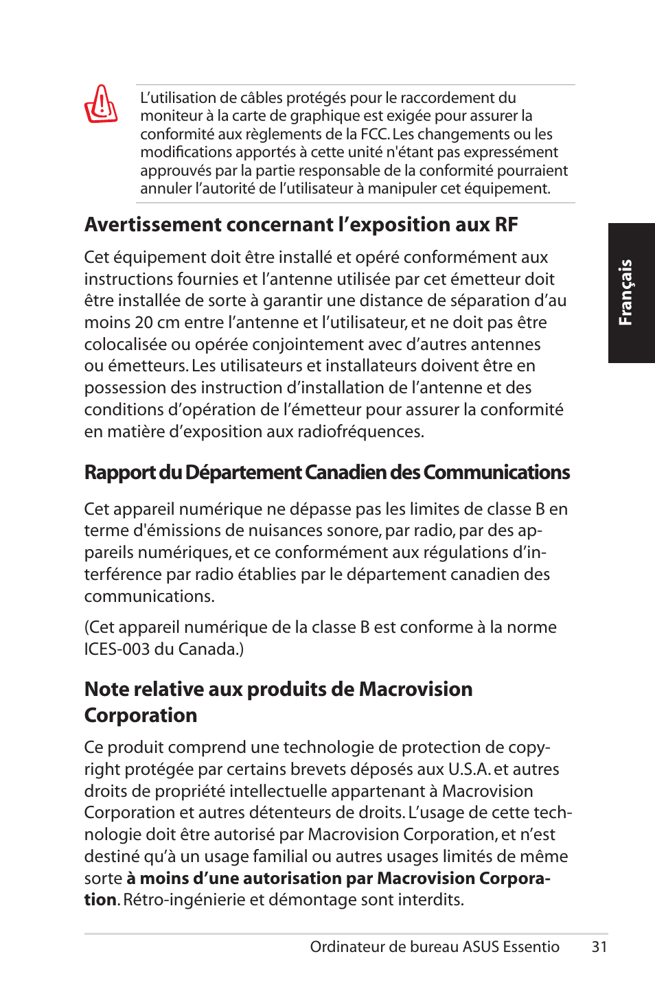 Rapport du département canadien des communications, Avertissement concernant l’exposition aux rf | Asus CG5290 User Manual | Page 31 / 262