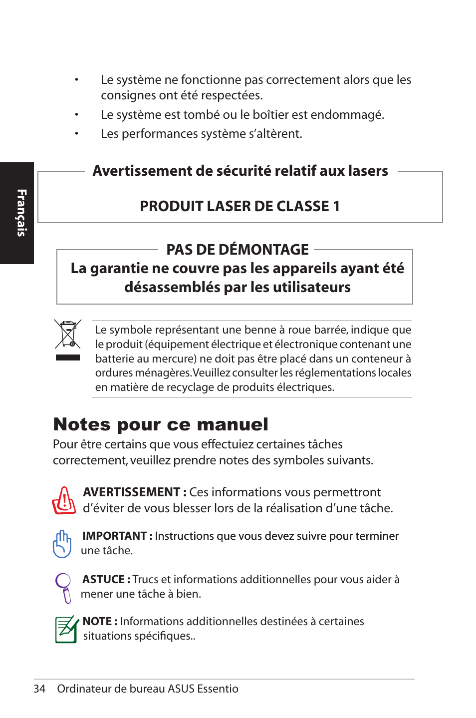 Notes pour ce manuel | Asus CG5290 User Manual | Page 34 / 262