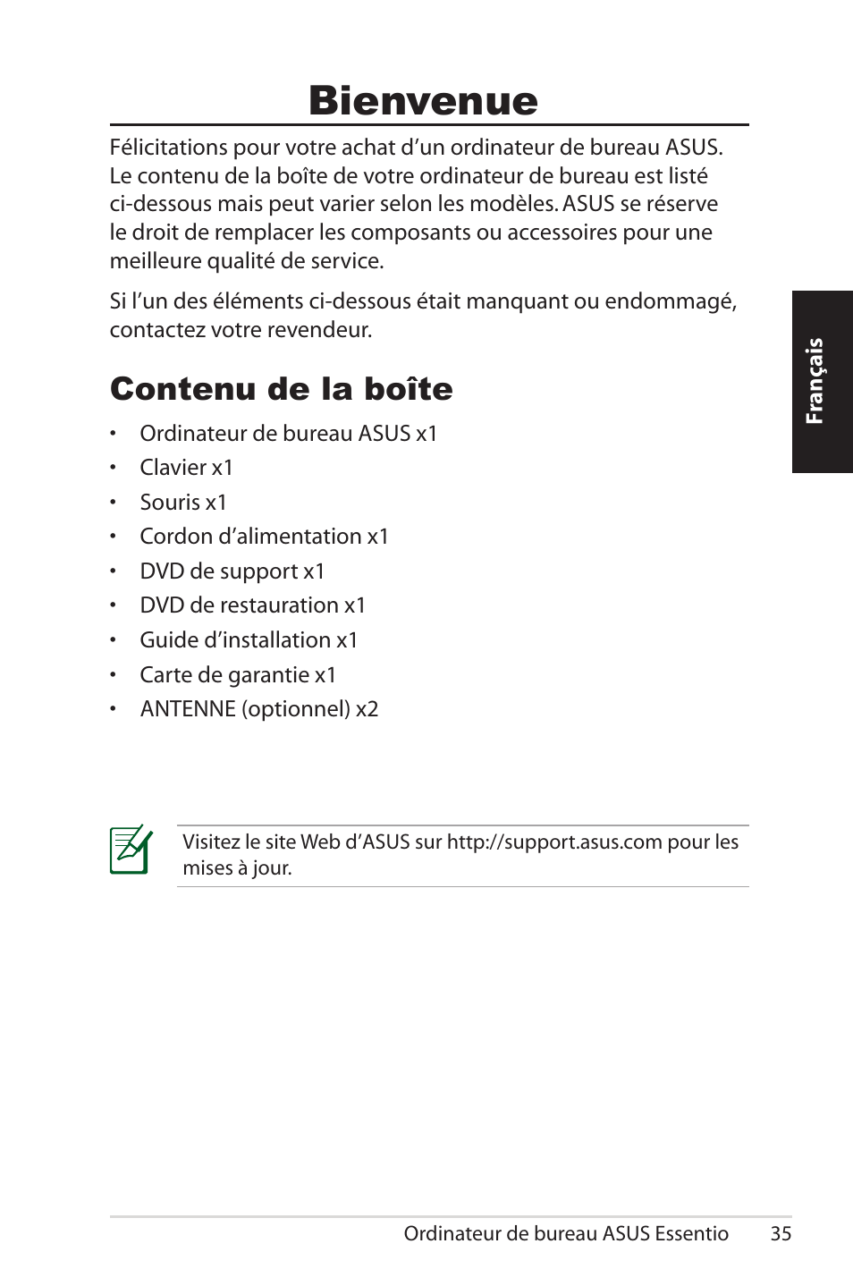 Bienvenue, Contenu de la boîte | Asus CG5290 User Manual | Page 35 / 262