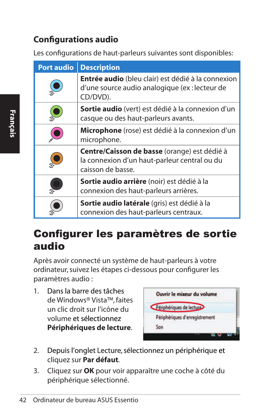 Configurations audio, Configurer les paramètres de sortie audio | Asus CG5290 User Manual | Page 42 / 262