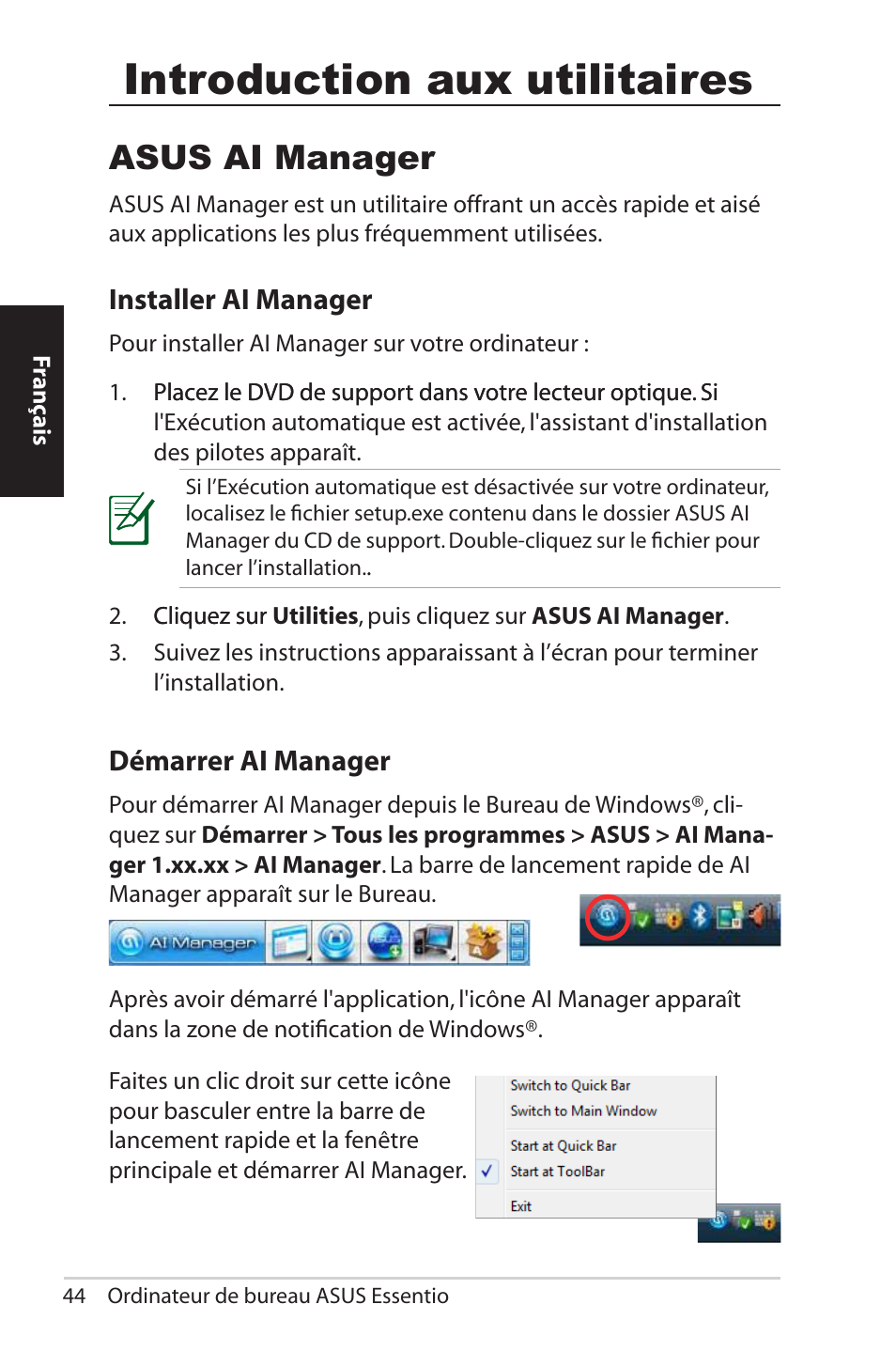 Introduction aux utilitaires, Asus ai manager, Installer ai manager | Démarrer ai manager, Installer ai manager démarrer ai manager | Asus CG5290 User Manual | Page 44 / 262