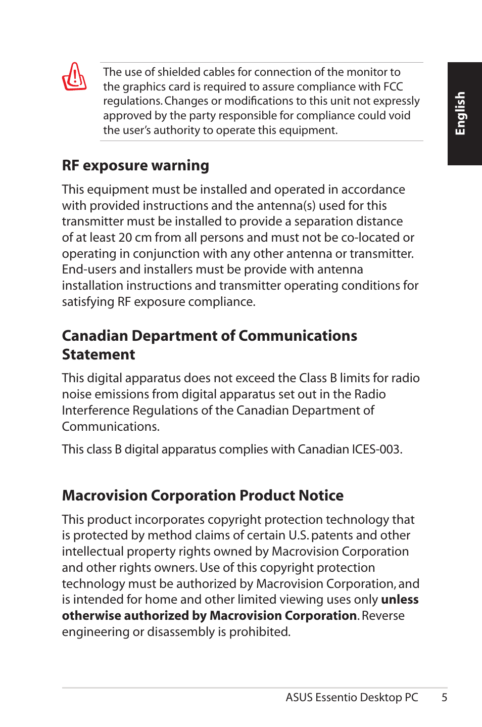 Canadian department of communications statement, Macrovision corporation product notice, Rf exposure warning | Asus CG5290 User Manual | Page 5 / 262