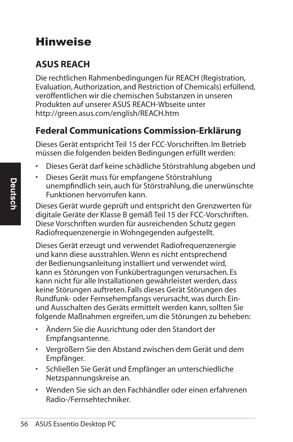 Eise, Hinweise, Asus reach | Federal communications commission-erklärung | Asus CG5290 User Manual | Page 56 / 262