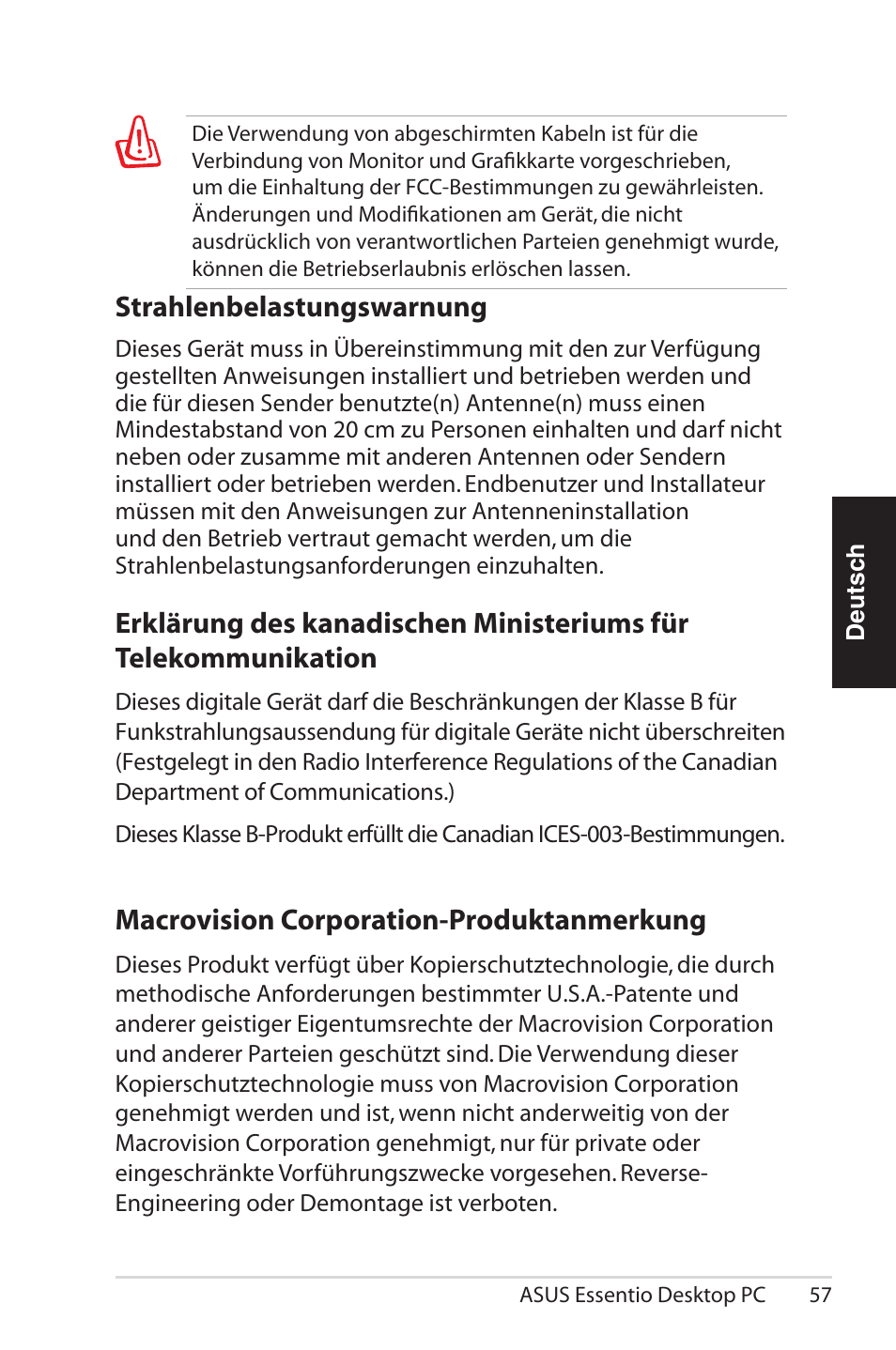 Macrovision corporation-produktanmerkung, Strahlenbelastungswarnung | Asus CG5290 User Manual | Page 57 / 262