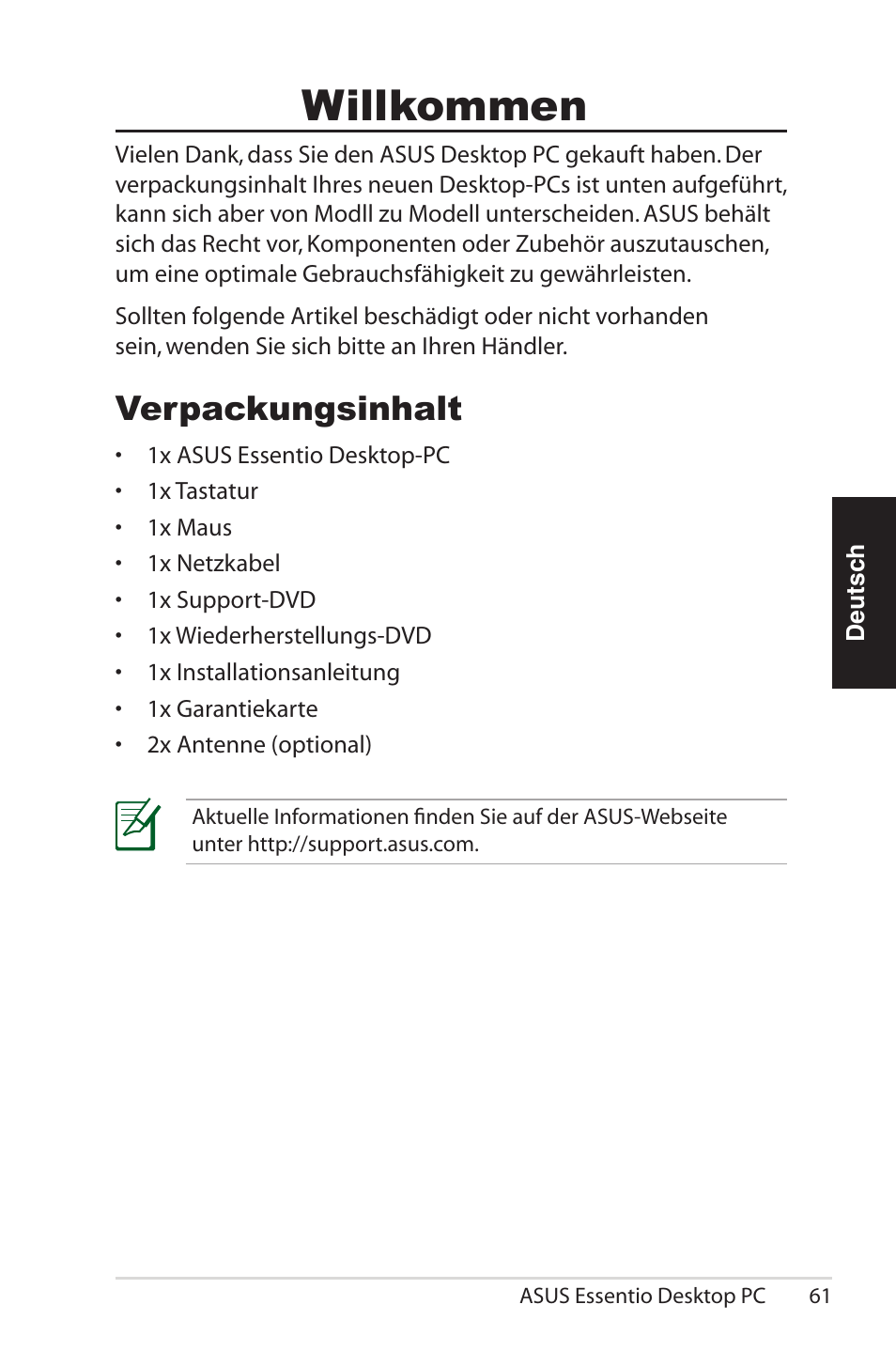 Ungsinhalt, Willkommen, Verpackungsinhalt | Asus CG5290 User Manual | Page 61 / 262