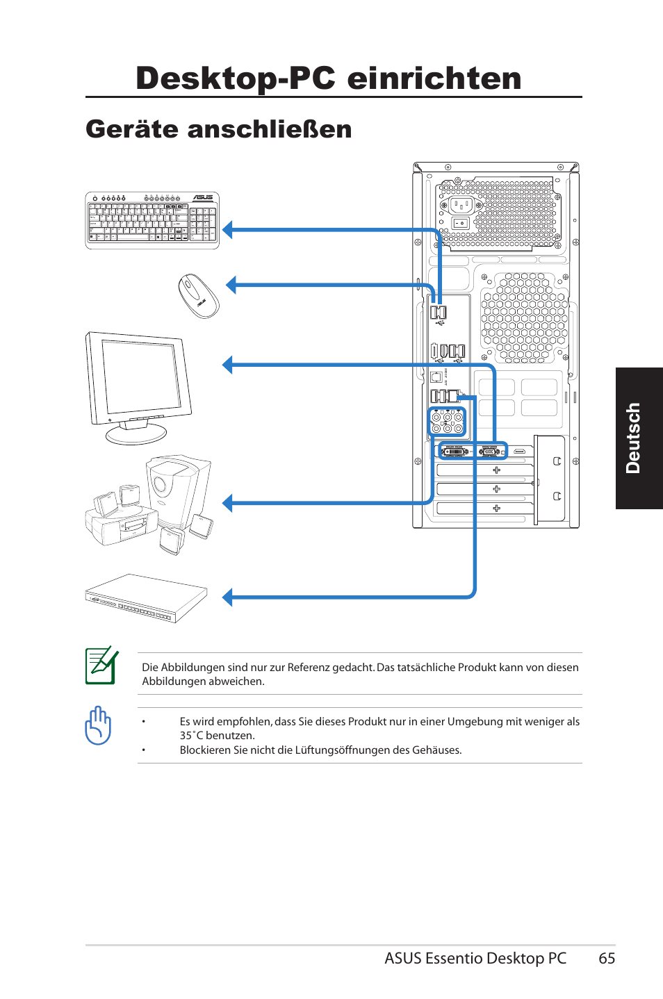 E anschließen, Desktop-pc einrichten, Geräte anschließen | Deutsch, Asus essentio desktop pc 65 | Asus CG5290 User Manual | Page 65 / 262