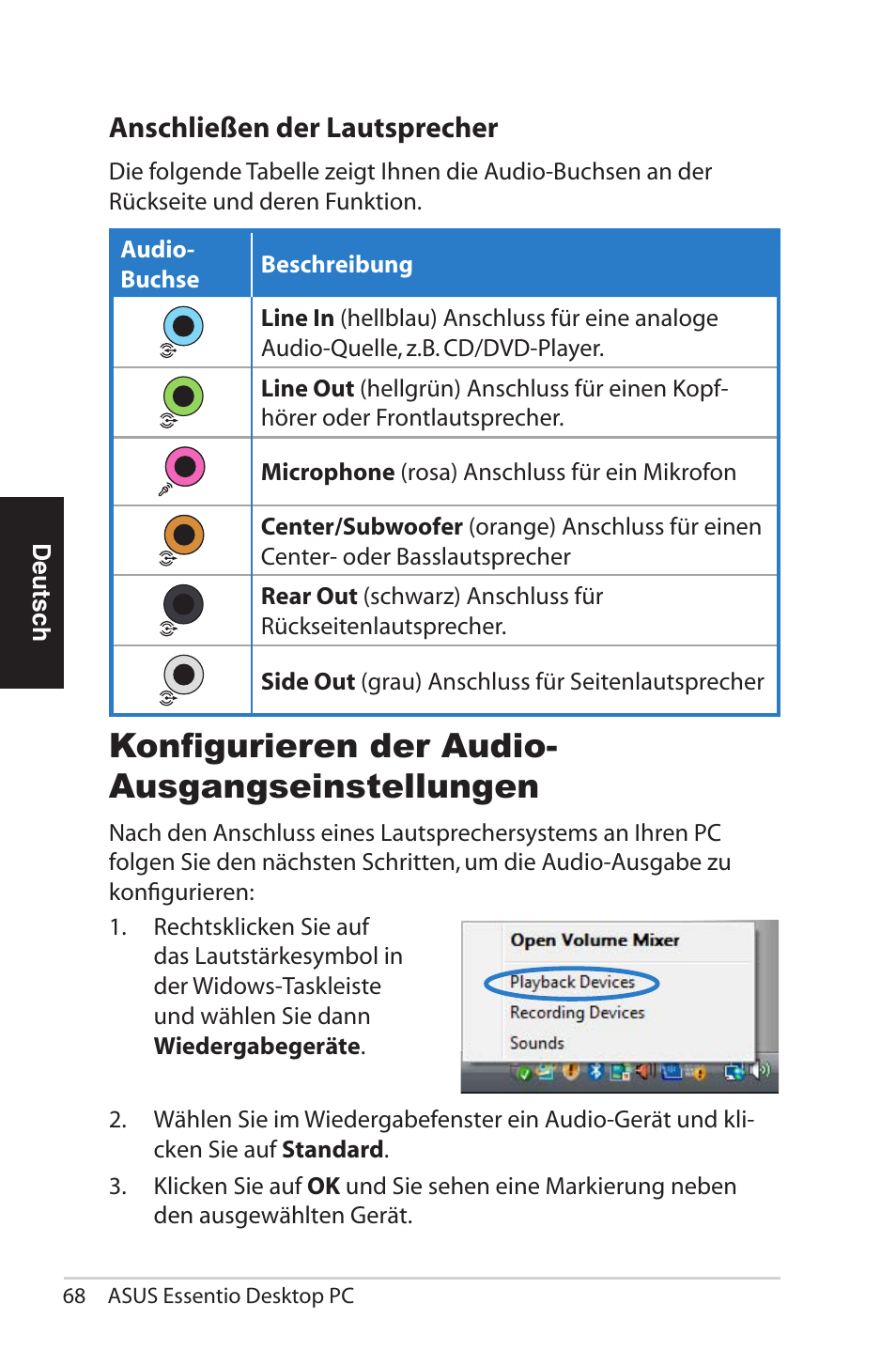 Konfigurieren der audio- ausgangseinstellungen, Anschließen der lautsprecher | Asus CG5290 User Manual | Page 68 / 262