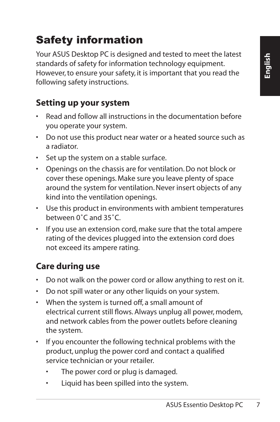 Safety information, Setting up your system, Care during use | Asus CG5290 User Manual | Page 7 / 262
