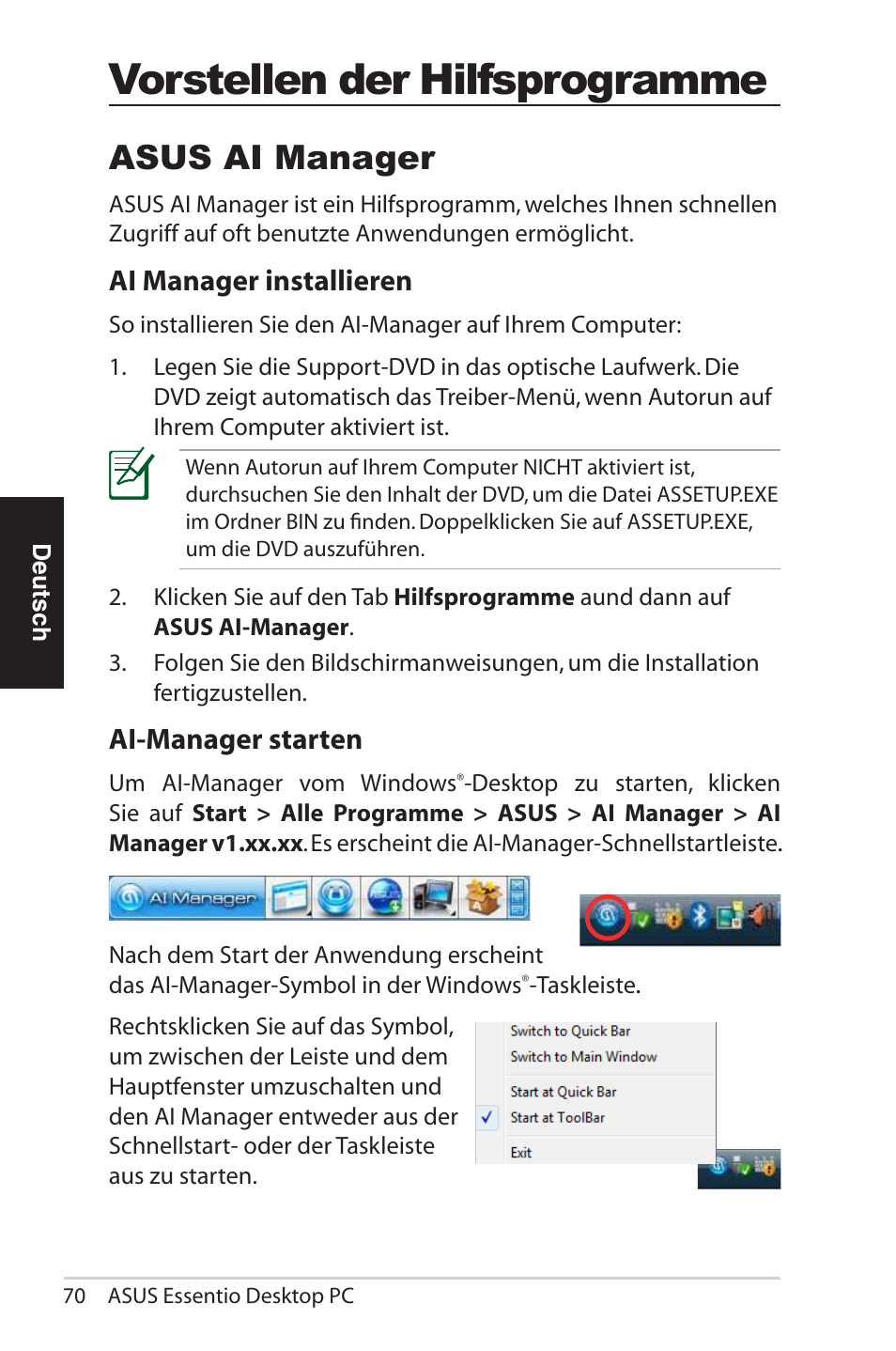 Amme, Asus ai manager, Ai manager installieren ai manager starten | Vorstellen der hilfsprogramme, Ai manager installieren, Ai-manager starten | Asus CG5290 User Manual | Page 70 / 262