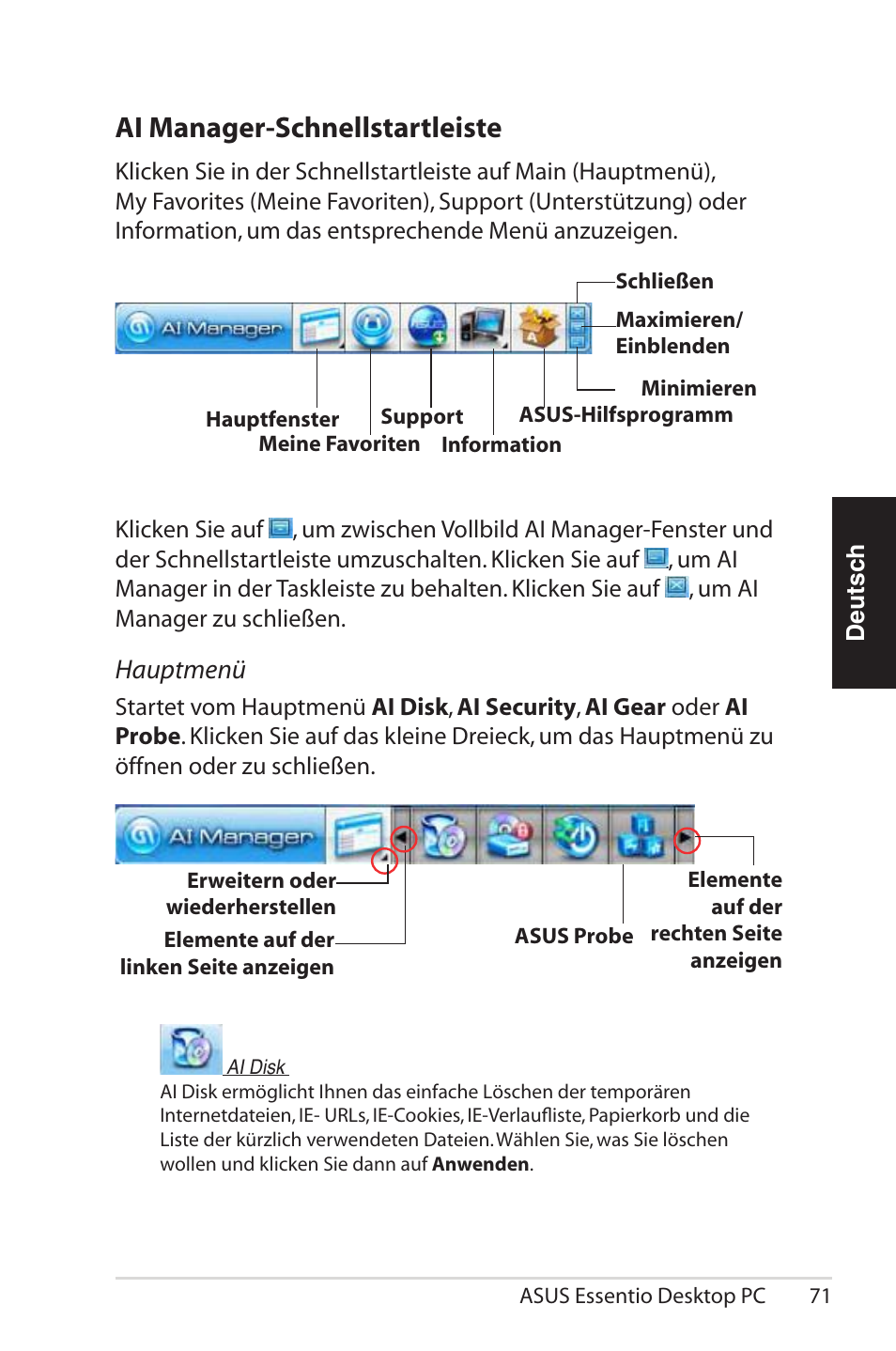 Ai manager-schnellstartleiste, Hauptmenü | Asus CG5290 User Manual | Page 71 / 262