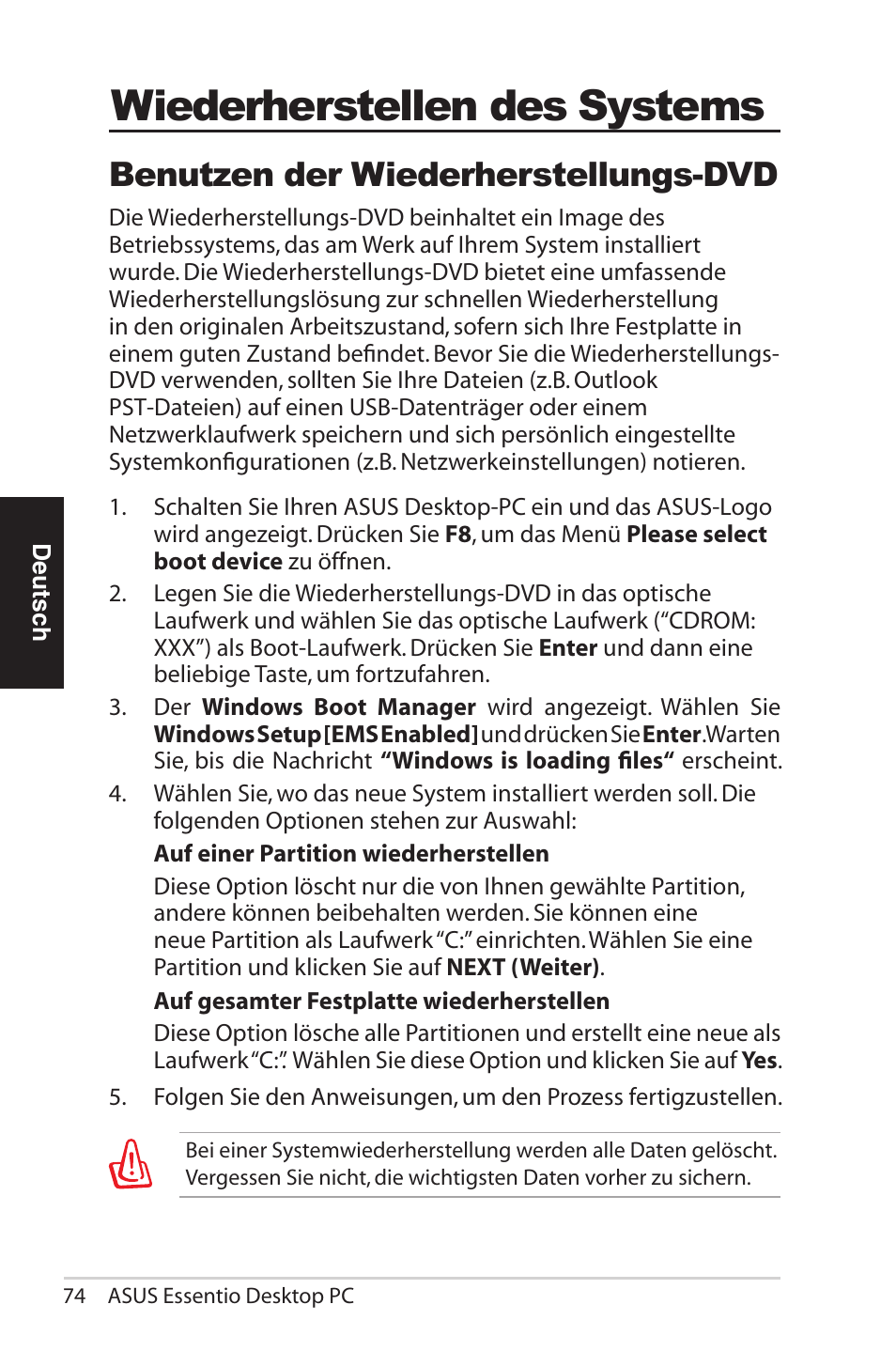 Ellen, Wiederherstellen des systems, Benutzen der wiederherstellungs-dvd | Asus CG5290 User Manual | Page 74 / 262