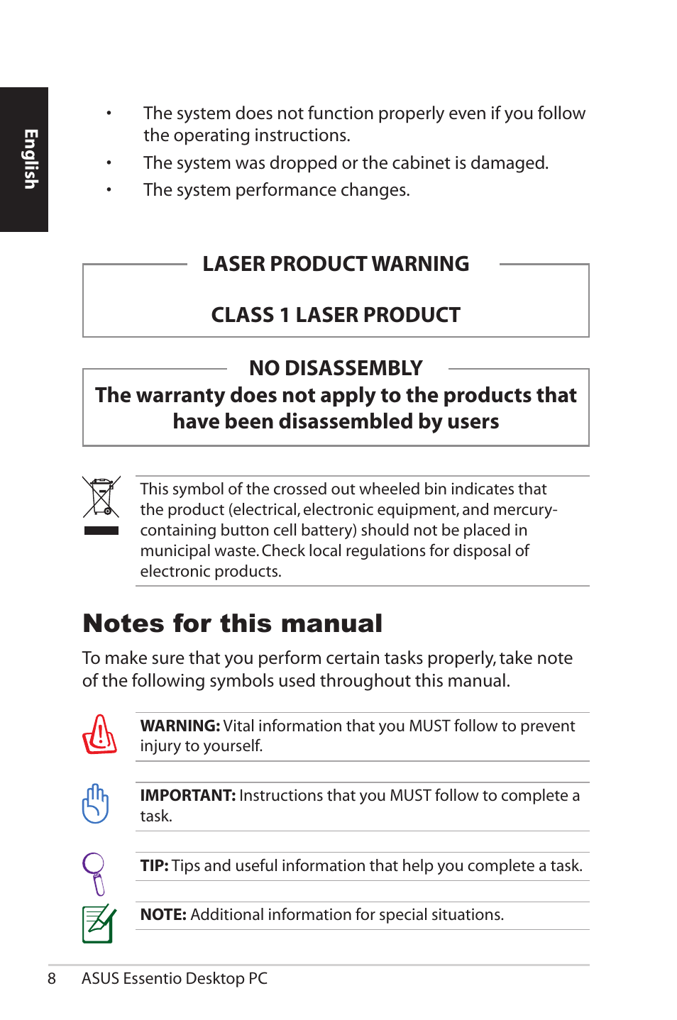 Notes for this manual, Laser product warning class 1 laser product | Asus CG5290 User Manual | Page 8 / 262