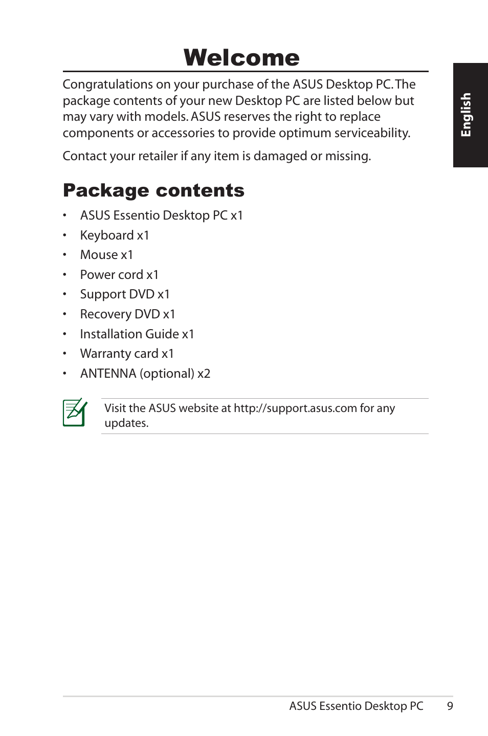 Welcome, Package contents | Asus CG5290 User Manual | Page 9 / 262