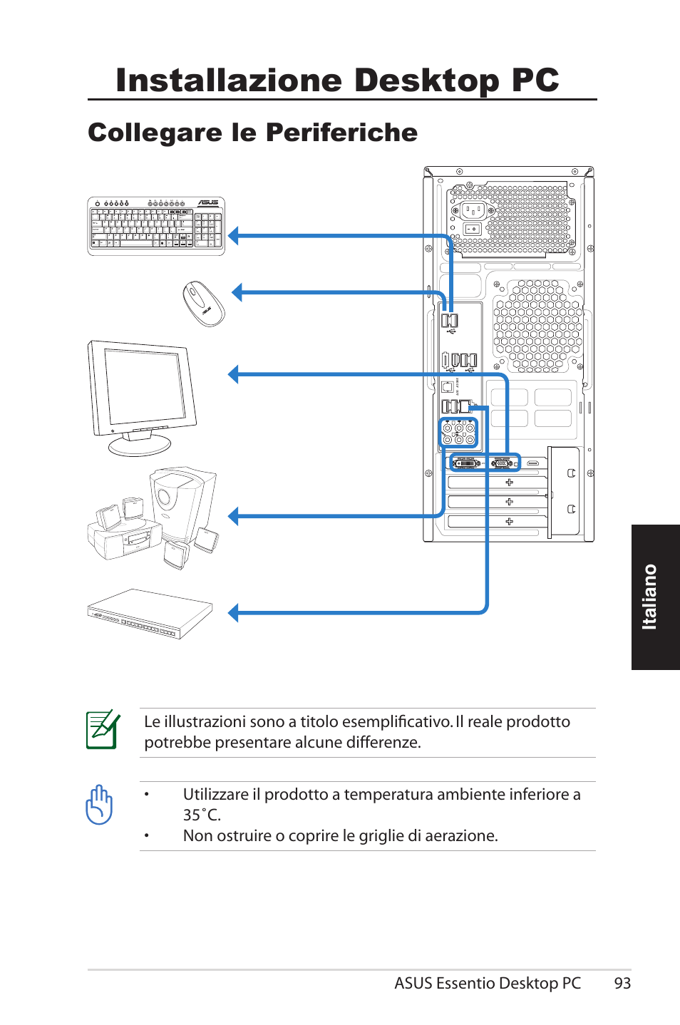 Desktop pc, Installazione desktop pc, Collegare le periferiche | Italiano | Asus CG5290 User Manual | Page 93 / 262