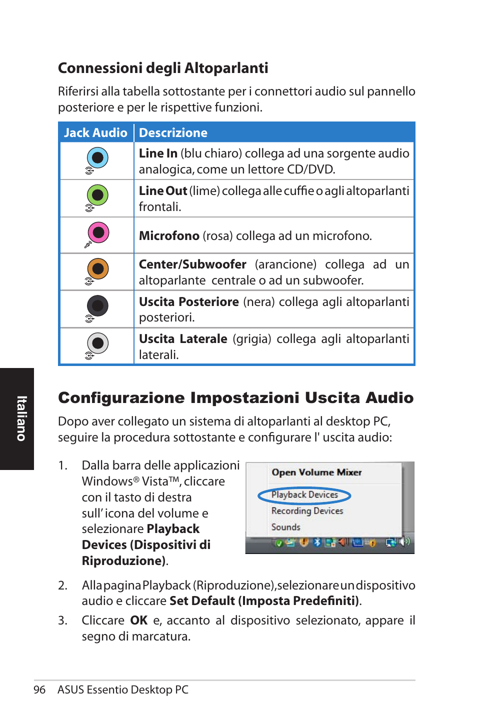 Connessioni degli altoparlanti, Configurazione impostazioni uscita audio | Asus CG5290 User Manual | Page 96 / 262