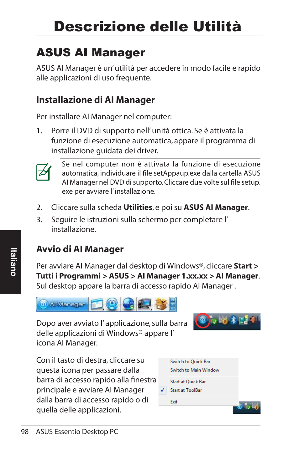 Asus ai manager, Installazione di ai manager, Ai manager | Descrizione delle utilità | Asus CG5290 User Manual | Page 98 / 262