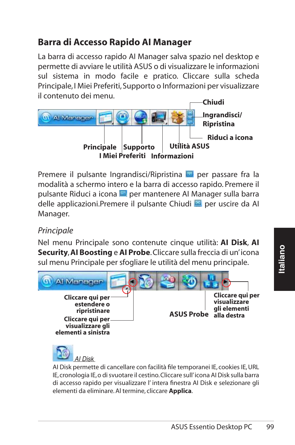 Barra di accesso rapido ai manager, Principale | Asus CG5290 User Manual | Page 99 / 262