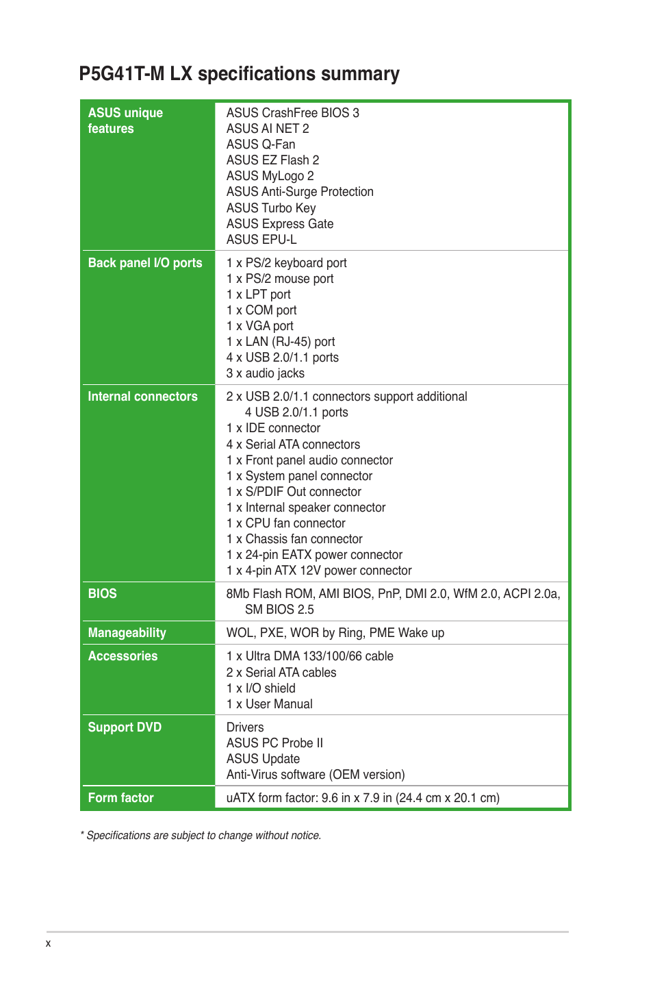 P5g41t-m lx specifications summary | Asus P5G41T-M LX User Manual | Page 10 / 62