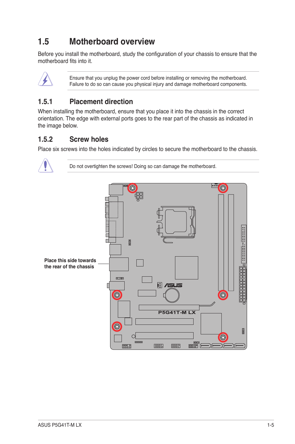 5 motherboard overview, 1 placement direction, 2 screw holes | Motherboard overview -5 1.5.1, Placement direction -5, Screw holes -5 | Asus P5G41T-M LX User Manual | Page 15 / 62