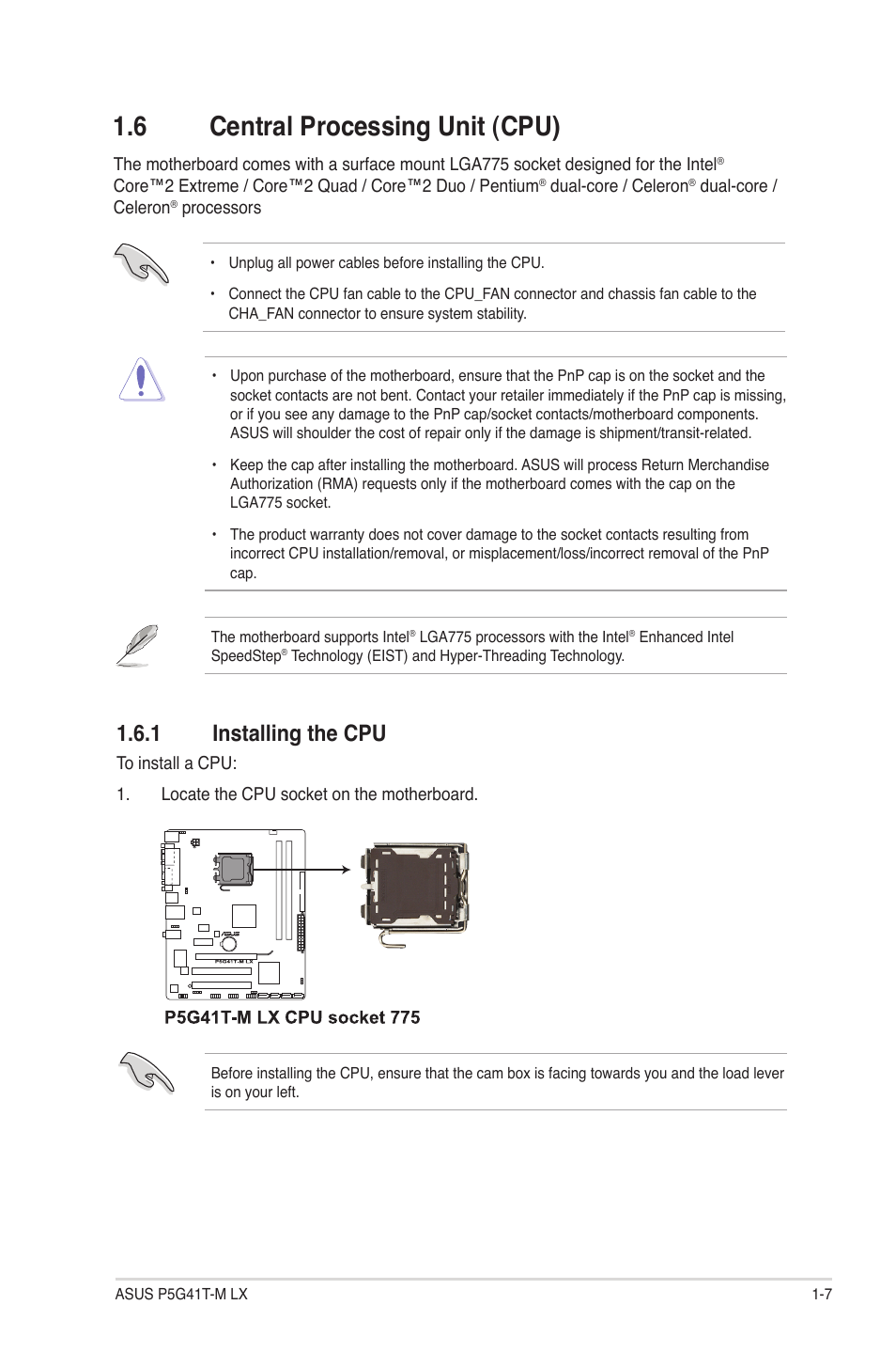 6 central processing unit (cpu), 1 installing the cpu, Central processing unit (cpu) -7 1.6.1 | Installing the cpu -7 | Asus P5G41T-M LX User Manual | Page 17 / 62