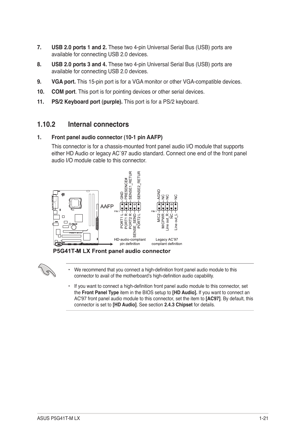 2 internal connectors, 2 internal connectors -21 | Asus P5G41T-M LX User Manual | Page 31 / 62