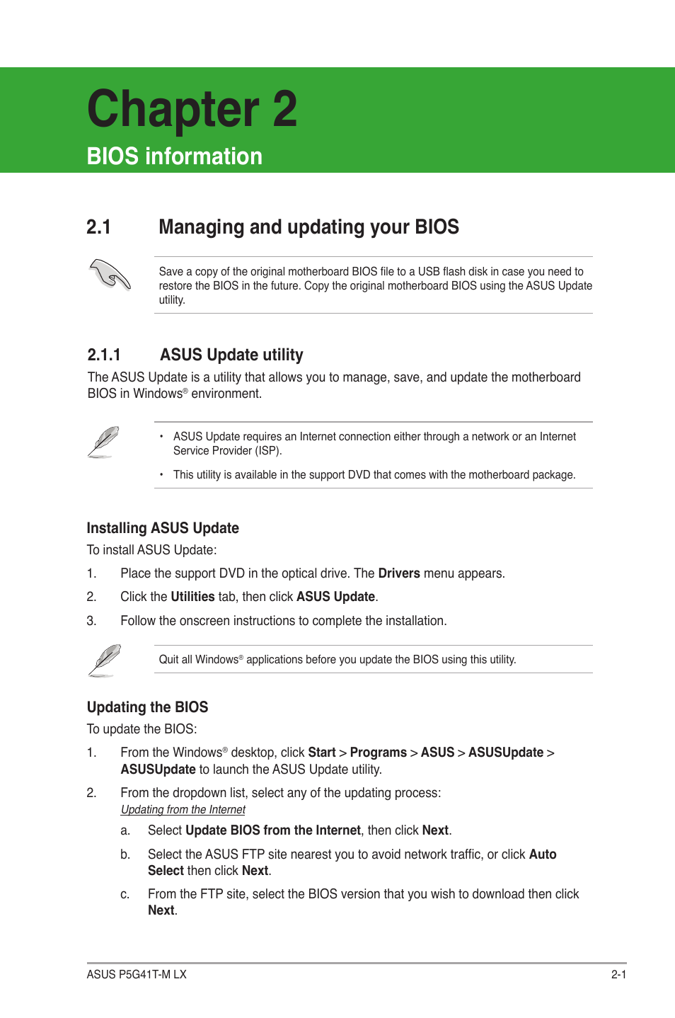 Chapter 2, Bios information, 1 managing and updating your bios | 1 asus update utility, Managing and updating your bios -1 2.1.1, Asus update utility -1 | Asus P5G41T-M LX User Manual | Page 39 / 62