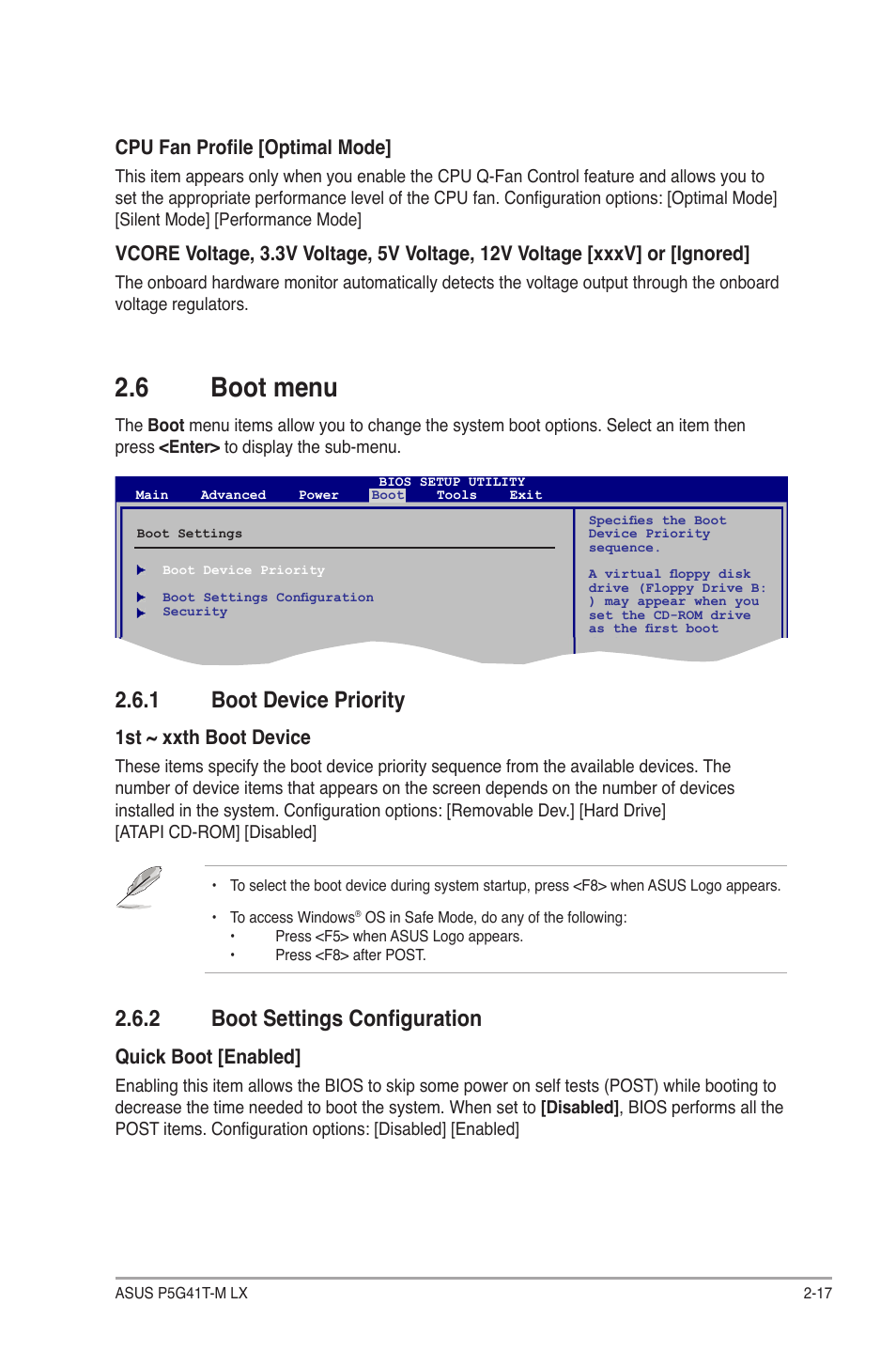 6 boot menu, 1 boot device priority, 2 boot settings configuration | Boot menu -17 2.6.1, Boot device priority -17, Boot settings configuration -17, 1st ~ xxth boot device, Quick boot [enabled, Cpu fan profile [optimal mode | Asus P5G41T-M LX User Manual | Page 55 / 62