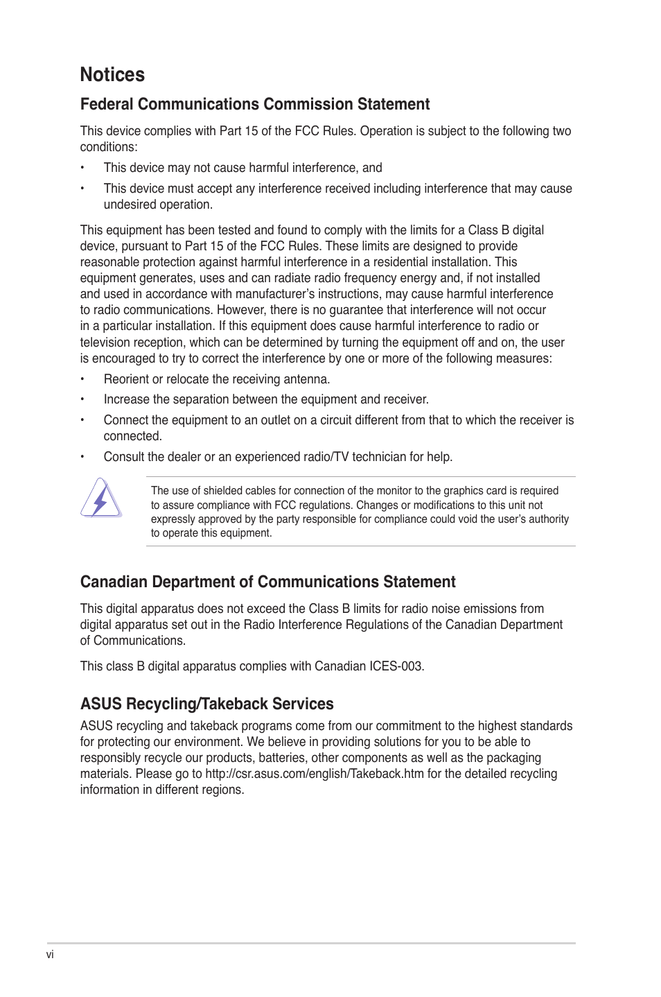 Notices, Federal communications commission statement, Canadian department of communications statement | Asus recycling/takeback services | Asus P5G41T-M LX User Manual | Page 6 / 62