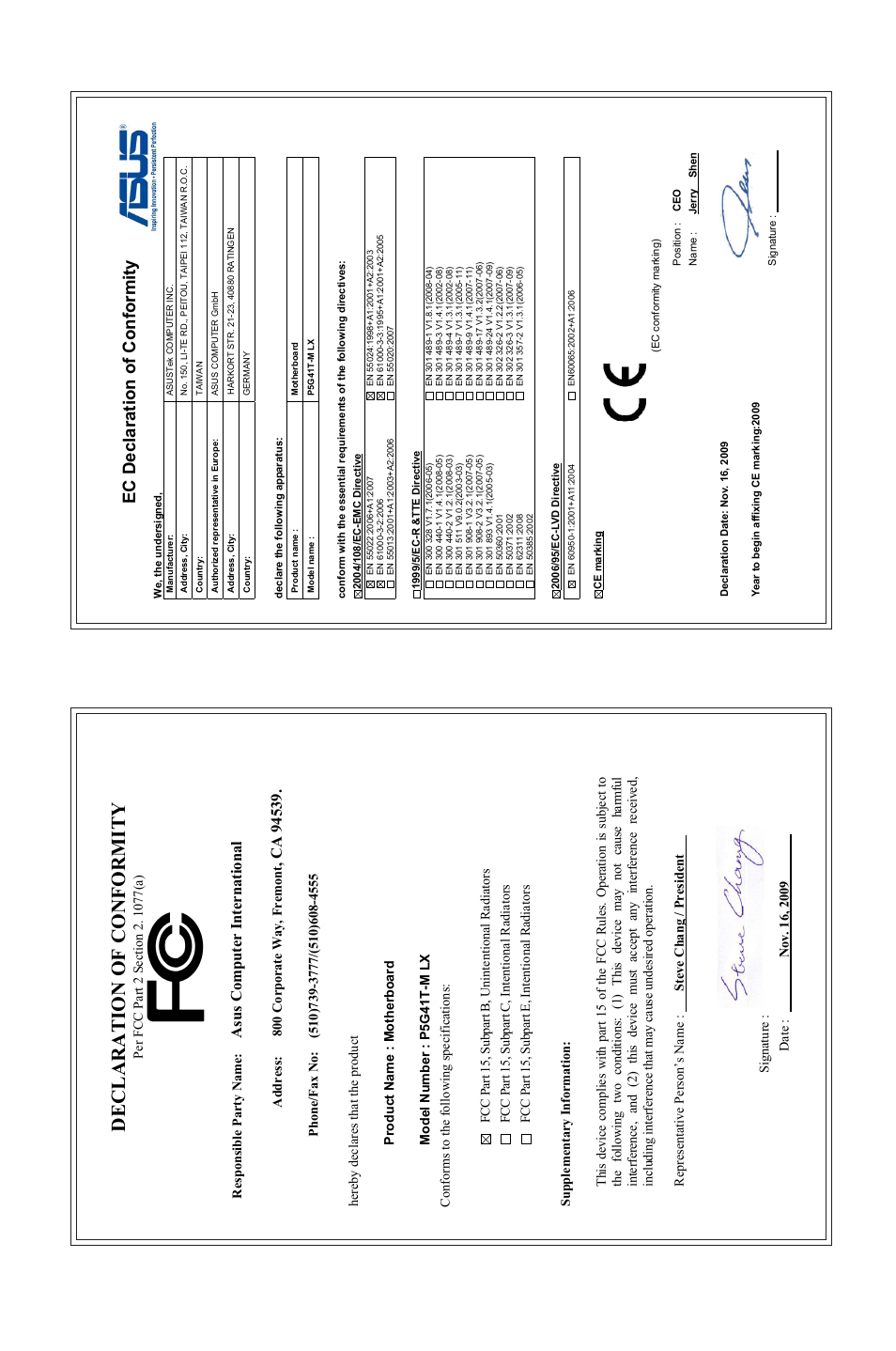 Declaration of conformity, Ec declaration of conformity, Asu s c om pu te r in te rn at io na l | Asus P5G41T-M LX User Manual | Page 62 / 62