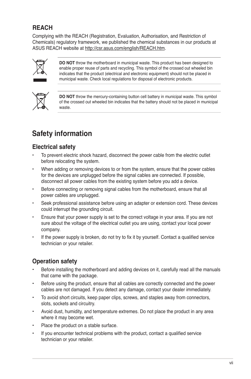 Safety information, Reach, Electrical safety | Operation safety | Asus P5G41T-M LX User Manual | Page 7 / 62