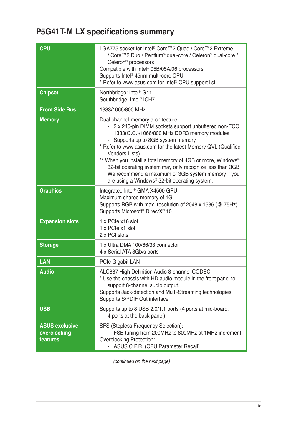 P5g41t-m lx specifications summary | Asus P5G41T-M LX User Manual | Page 9 / 62