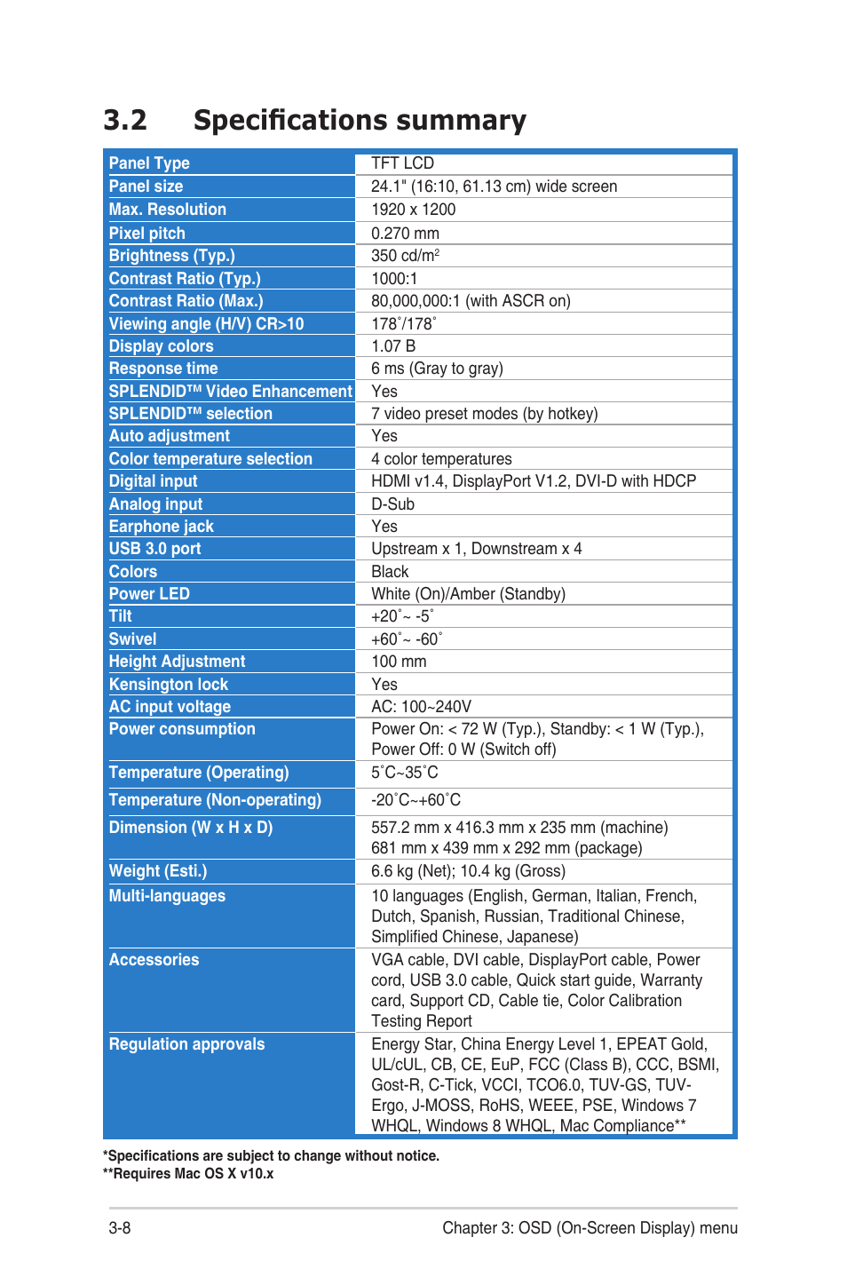 2 specifications summary, Specifications.summary -8 | Asus PA249Q User Manual | Page 24 / 26