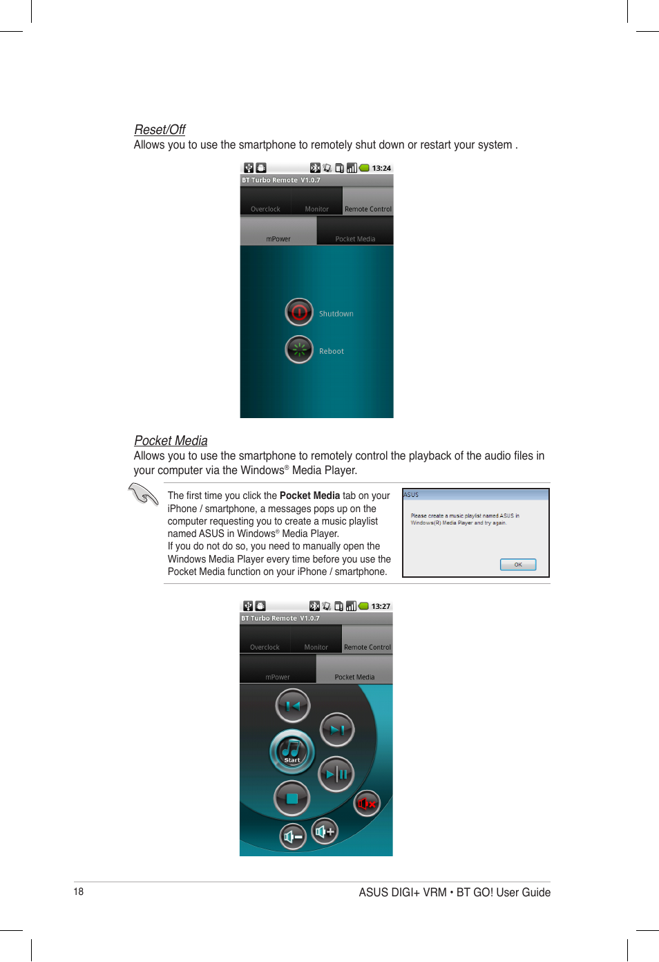 Reset/off, Pocket media | Asus P8P67 User Manual | Page 18 / 20