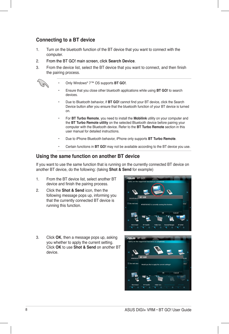 Connecting to a bt device, Using the same function on another bt device | Asus P8P67 User Manual | Page 8 / 20